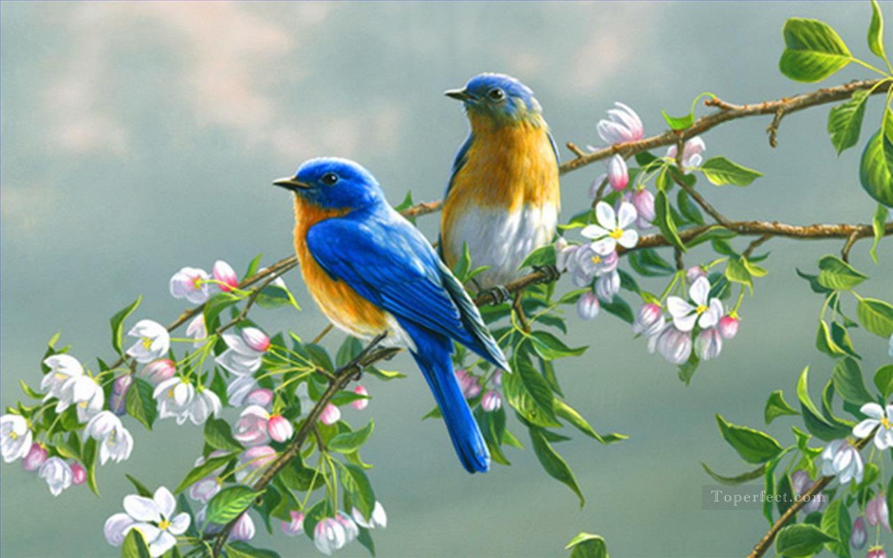 花を持つ青い鳥 鳥油絵